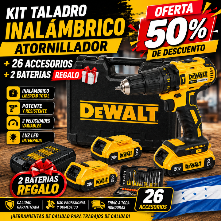 KIT TALADRO INALÁMBRICO ATORNILLADOR + 26 ACCESORIOS + 2 BATERIAS REGALO